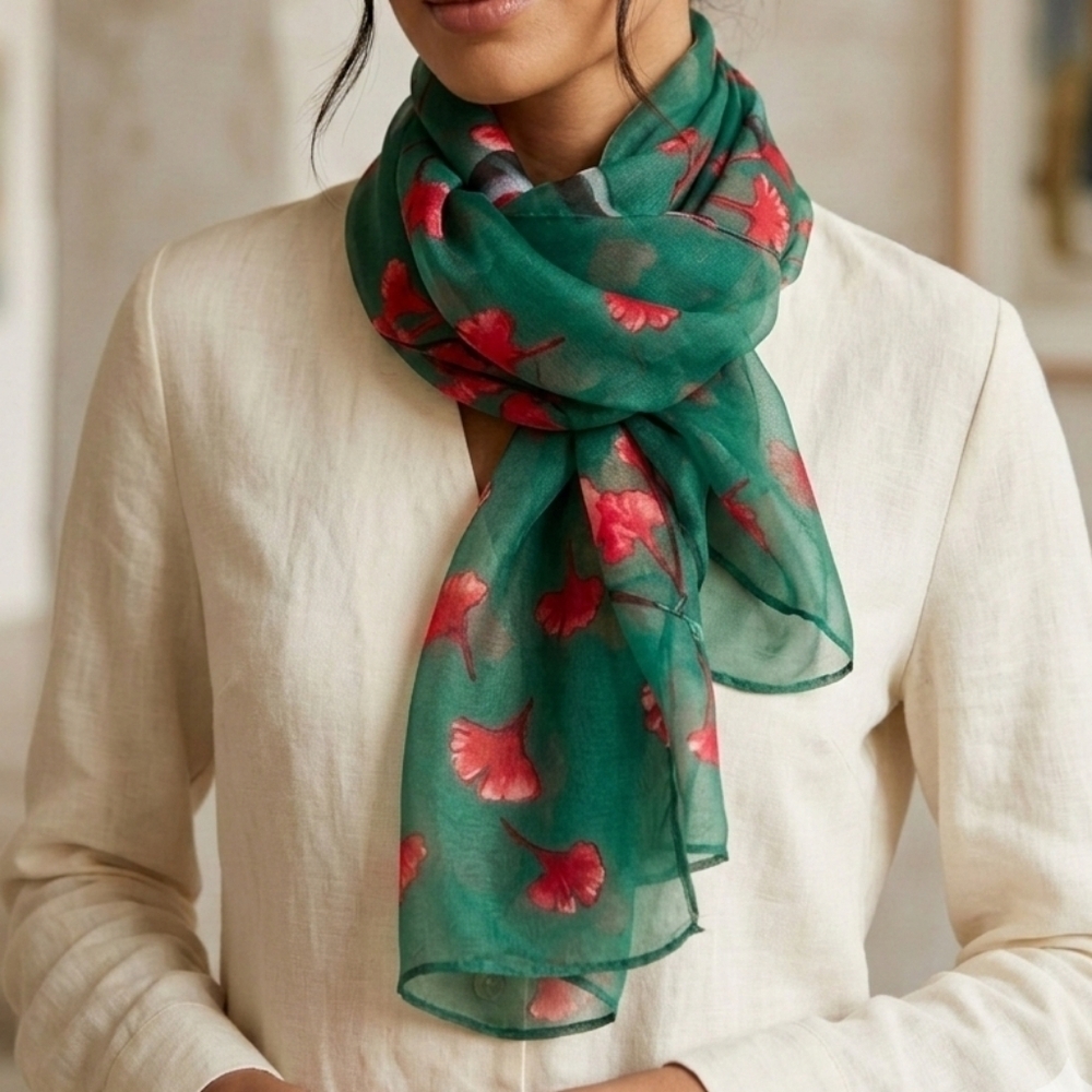 NWT Ginkgo Leaf Chiffon Scarf - Deep Green & Terracotta Red - 63" x 20"